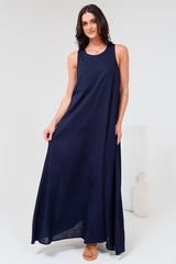 Tineshe Maxi Dress - Crew Neck Streamlined Sleeveless Dress with Pockets in Navy