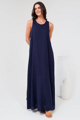 Tineshe Maxi Dress - Crew Neck Streamlined Sleeveless Dress with Pockets in Navy