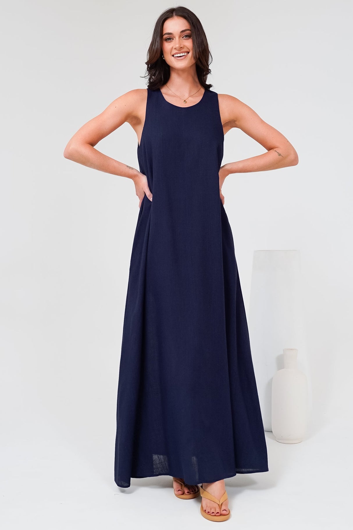 Tineshe Maxi Dress - Crew Neck Streamlined Sleeveless Dress with Pockets in Navy