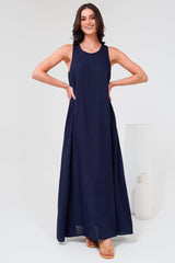 Tineshe Maxi Dress - Crew Neck Streamlined Sleeveless Dress with Pockets in Navy