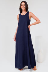 Tineshe Maxi Dress - Crew Neck Streamlined Sleeveless Dress with Pockets in Navy