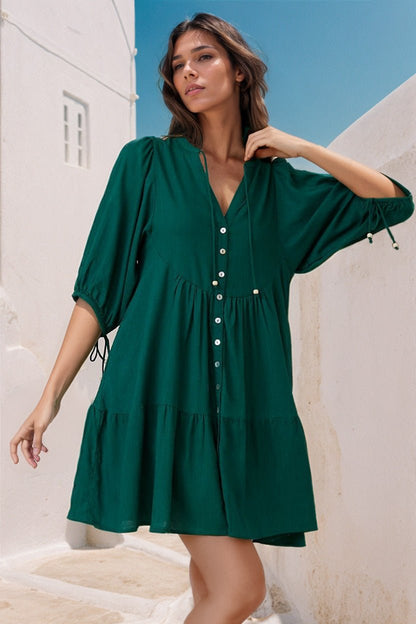 Lea Mini Dress - 3/4 Sleeve Babydolll Dress in Green