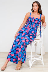Tokyo Jumpsuit - Shirred Bodice Wide Leg Jumpsuit with Pockets in Tilda Print