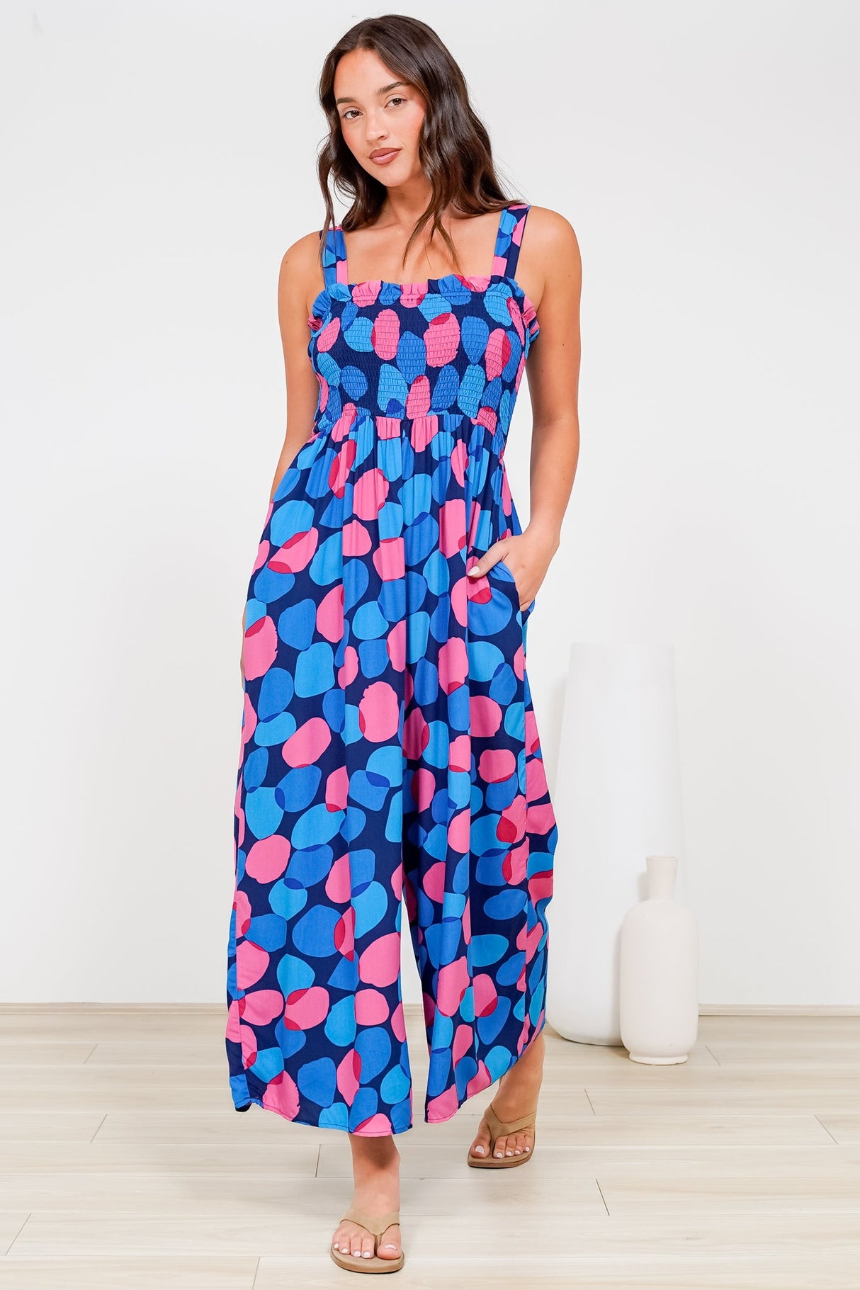 Tokyo Jumpsuit - Shirred Bodice Wide Leg Jumpsuit with Pockets in Tilda Print