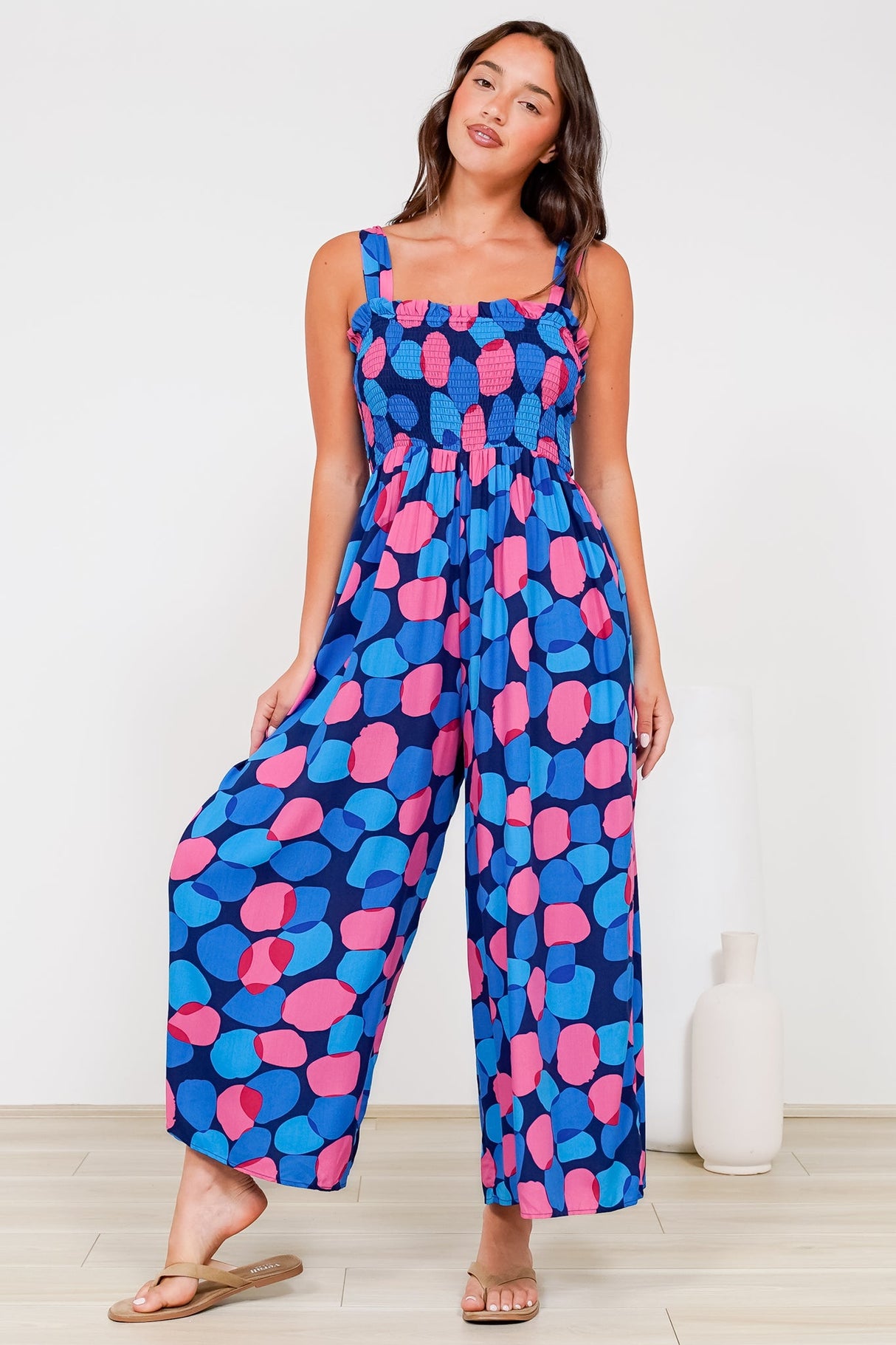 Tokyo Jumpsuit - Shirred Bodice Wide Leg Jumpsuit with Pockets in Tilda Print