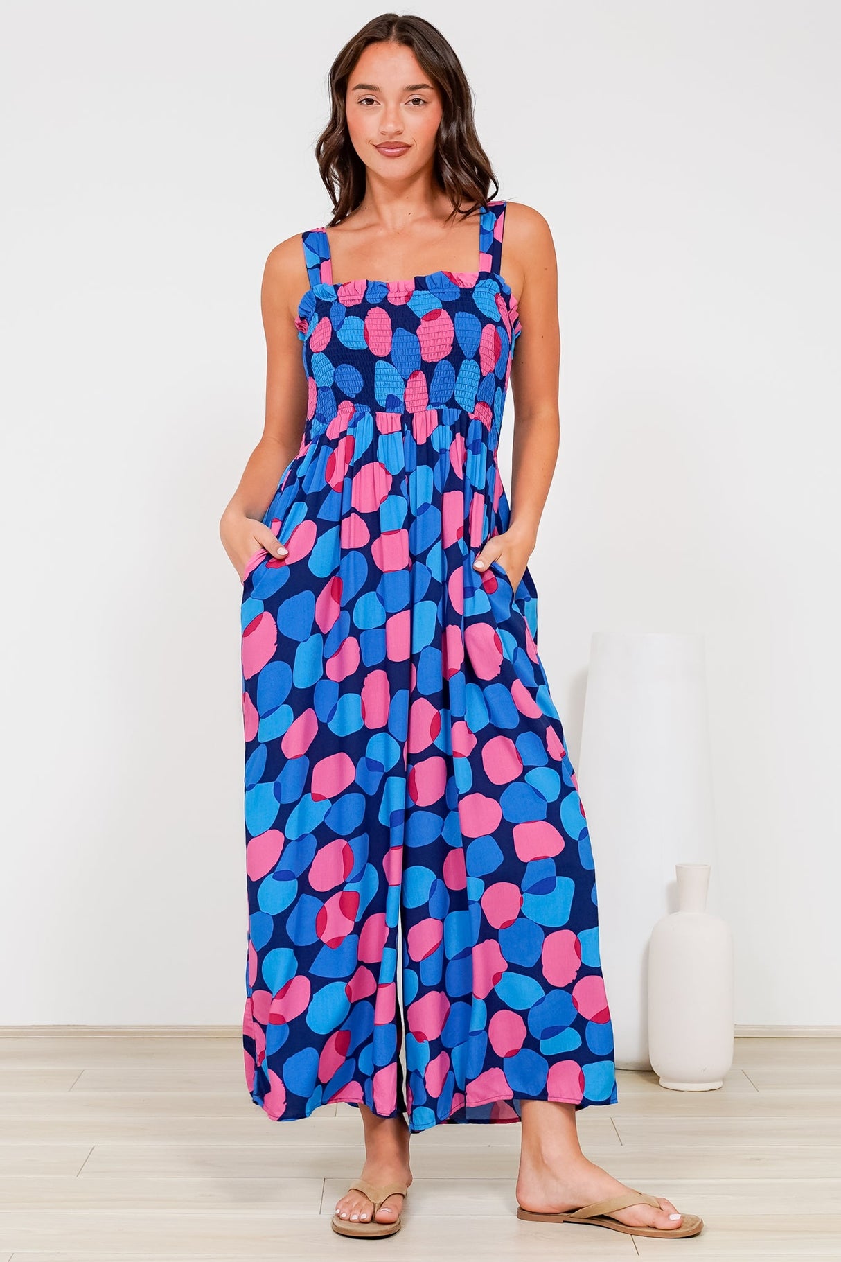 Tokyo Jumpsuit - Shirred Bodice Wide Leg Jumpsuit with Pockets in Tilda Print