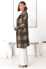 Toledo Cardigan - Folded Lapel Collar Open Cardigan with Pockets in Brown