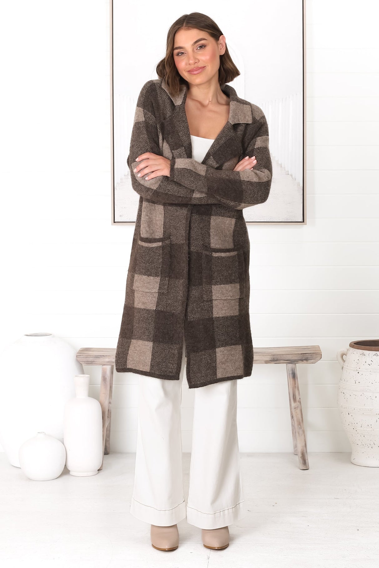 Toledo Cardigan - Folded Lapel Collar Open Cardigan with Pockets in Brown