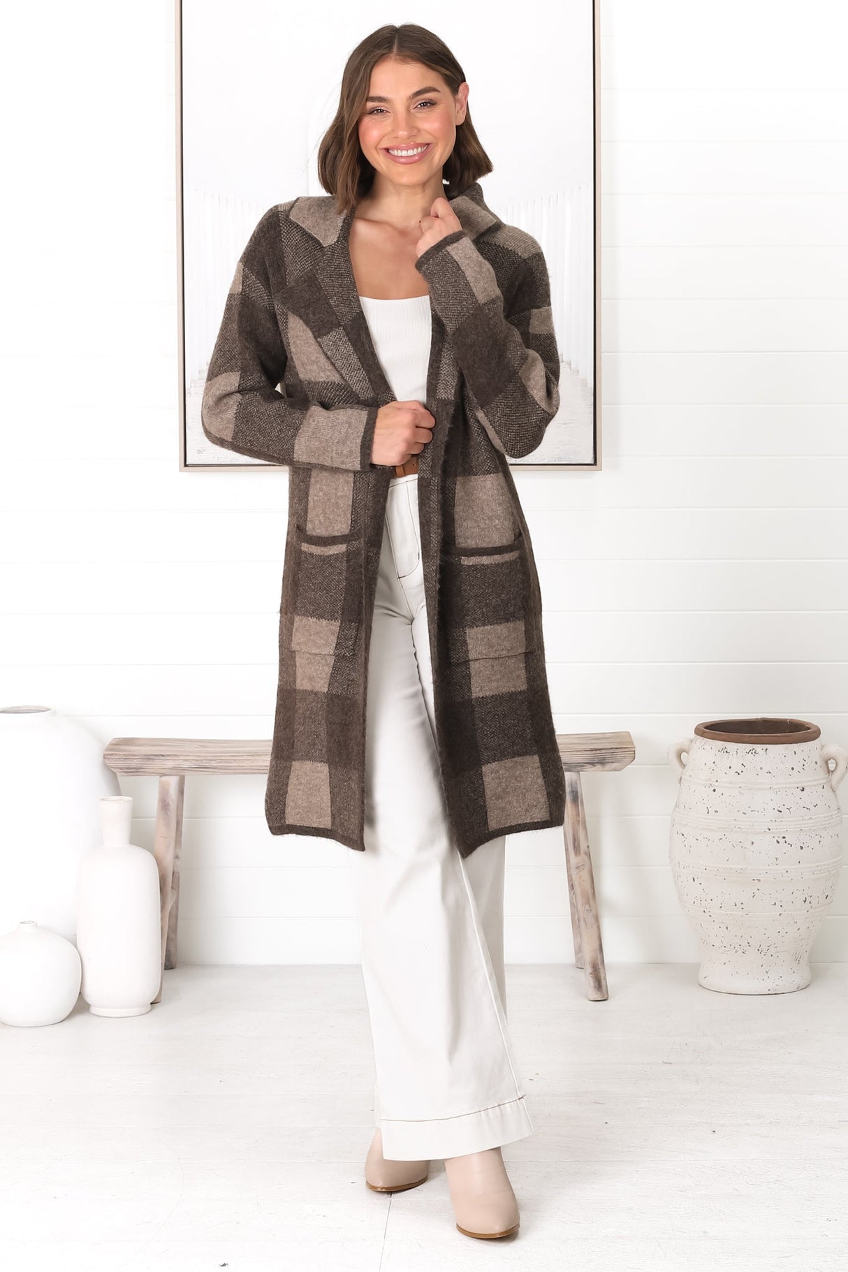 Toledo Cardigan - Folded Lapel Collar Open Cardigan with Pockets in Brown