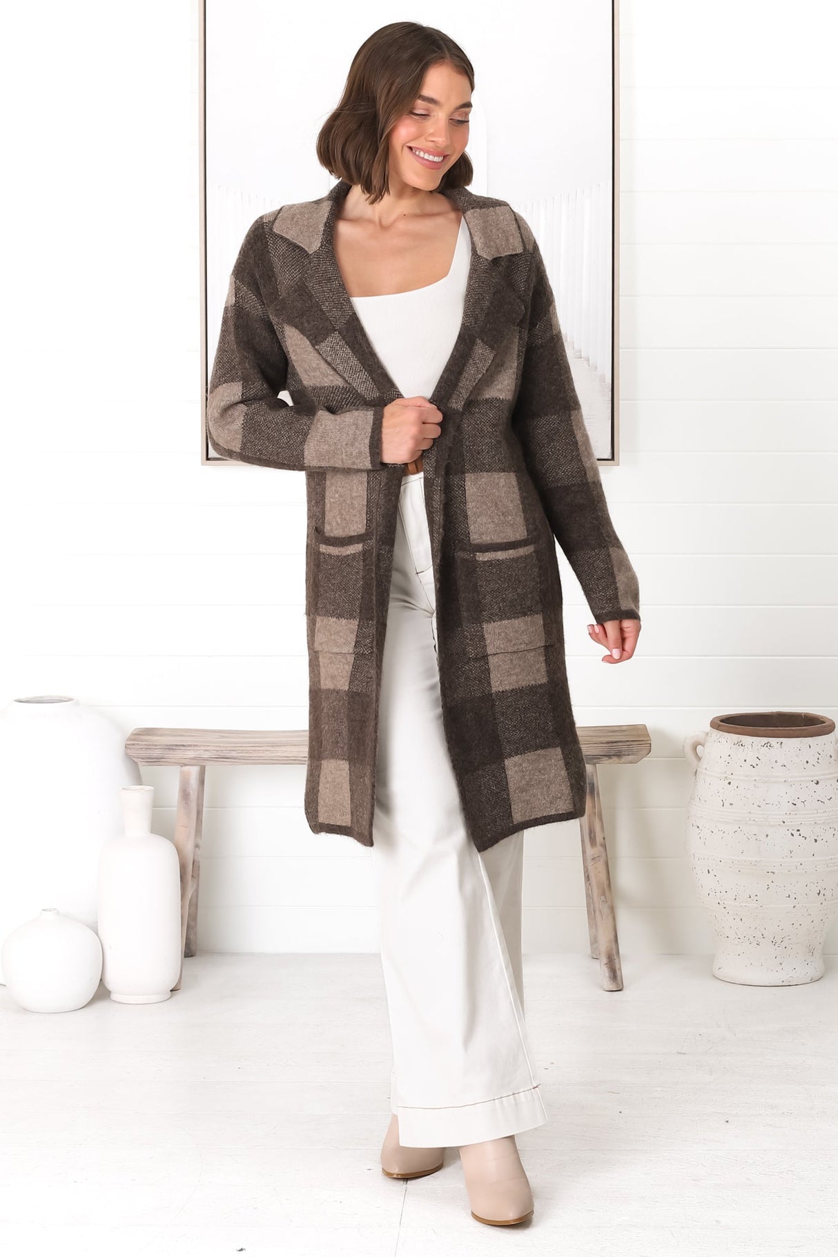 Toledo Cardigan - Folded Lapel Collar Open Cardigan with Pockets in Brown