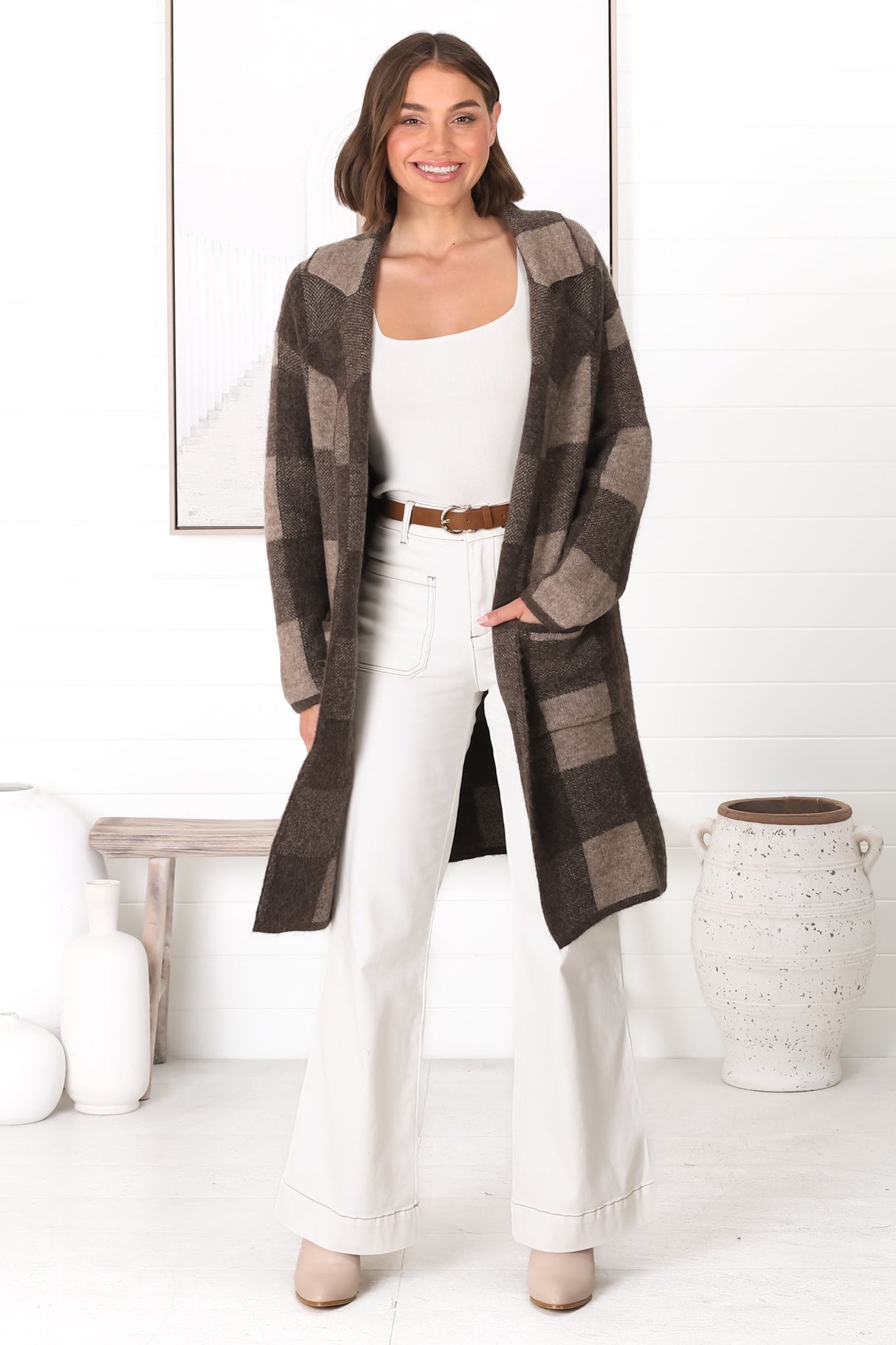 Toledo Cardigan - Folded Lapel Collar Open Cardigan with Pockets in Brown