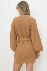 Toni Knit Mini Dress - Collared Knit Dress with Belt in Tan