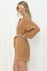 Toni Knit Mini Dress - Collared Knit Dress with Belt in Tan