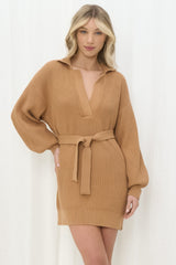 Toni Knit Mini Dress - Collared Knit Dress with Belt in Tan