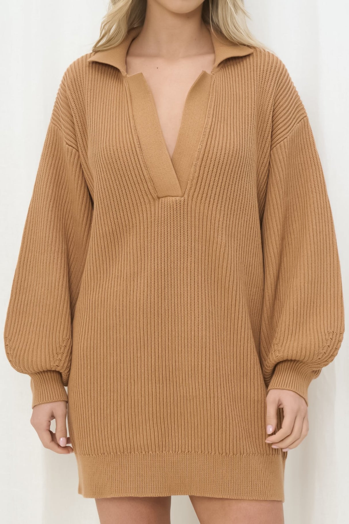 Toni Knit Mini Dress - Collared Knit Dress with Blet in Tan