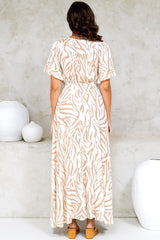 Tonia Maxi Dress - Short Sleeve V-Neck A-Line Dress in Cady Print Beige