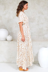 Tonia Maxi Dress - Short Sleeve V-Neck A-Line Dress in Cady Print Beige