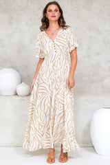 Tonia Maxi Dress - Short Sleeve V-Neck A-Line Dress in Cady Print Beige