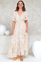Tonia Maxi Dress - Short Sleeve V-Neck A-Line Dress in Cady Print Beige