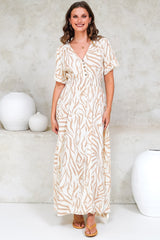 Tonia Maxi Dress - Short Sleeve V-Neck A-Line Dress in Cady Print Beige