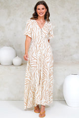 Tonia Maxi Dress - Short Sleeve V-Neck A-Line Dress in Cady Print Beige