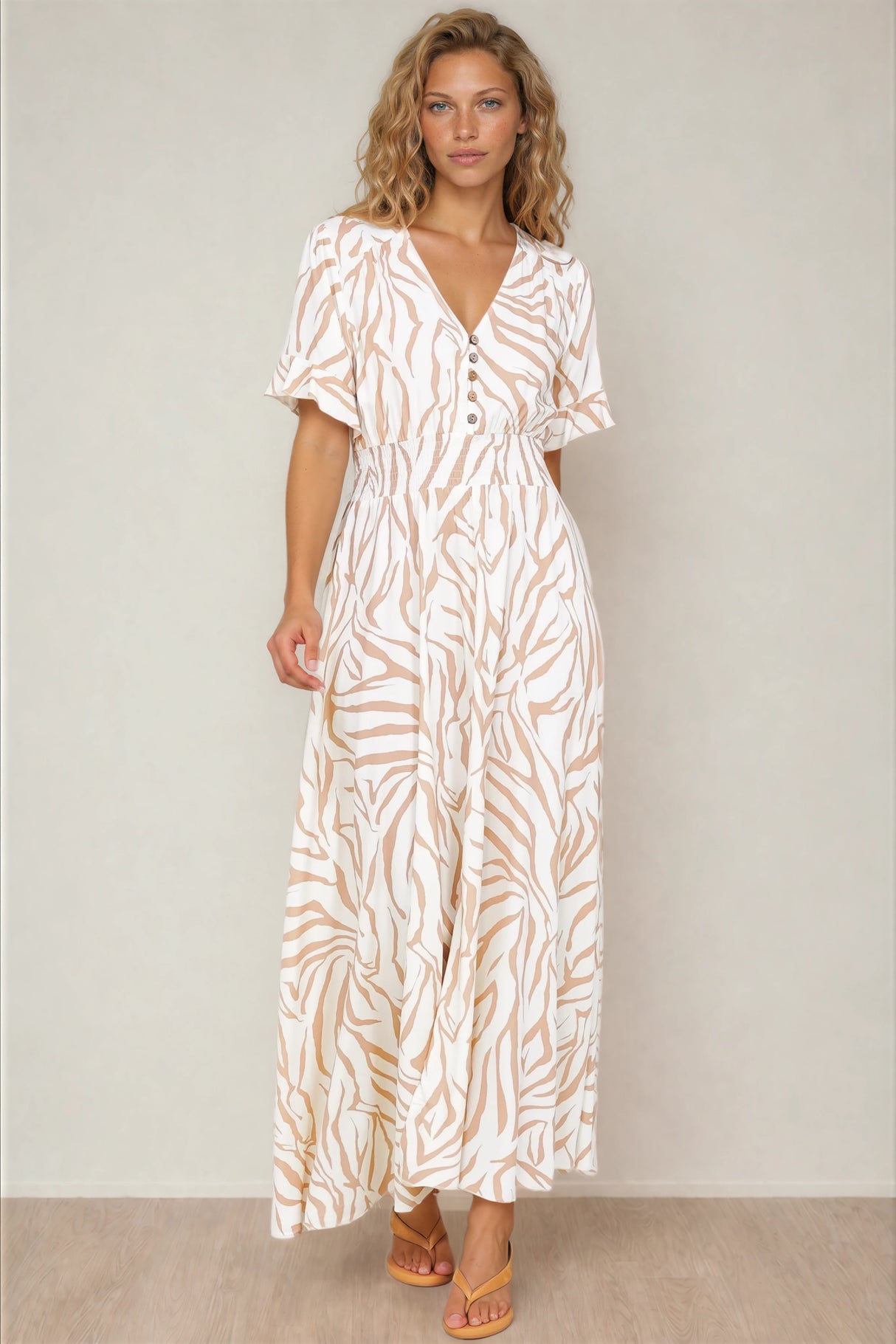 Tonia Maxi Dress - Short Sleeve V-Neck A-Line Dress in Cady Print Beige