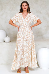 Tonia Maxi Dress - Short Sleeve V-Neck A-Line Dress in Cady Print Beige