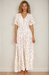 Tonia Maxi Dress - Short Sleeve V-Neck A-Line Dress in Cady Print Beige