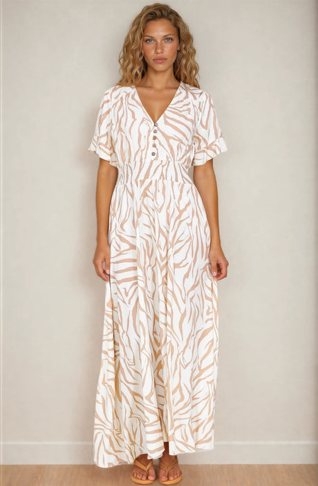 Tonia Maxi Dress - Short Sleeve V-Neck A-Line Dress in Cady Print Beige