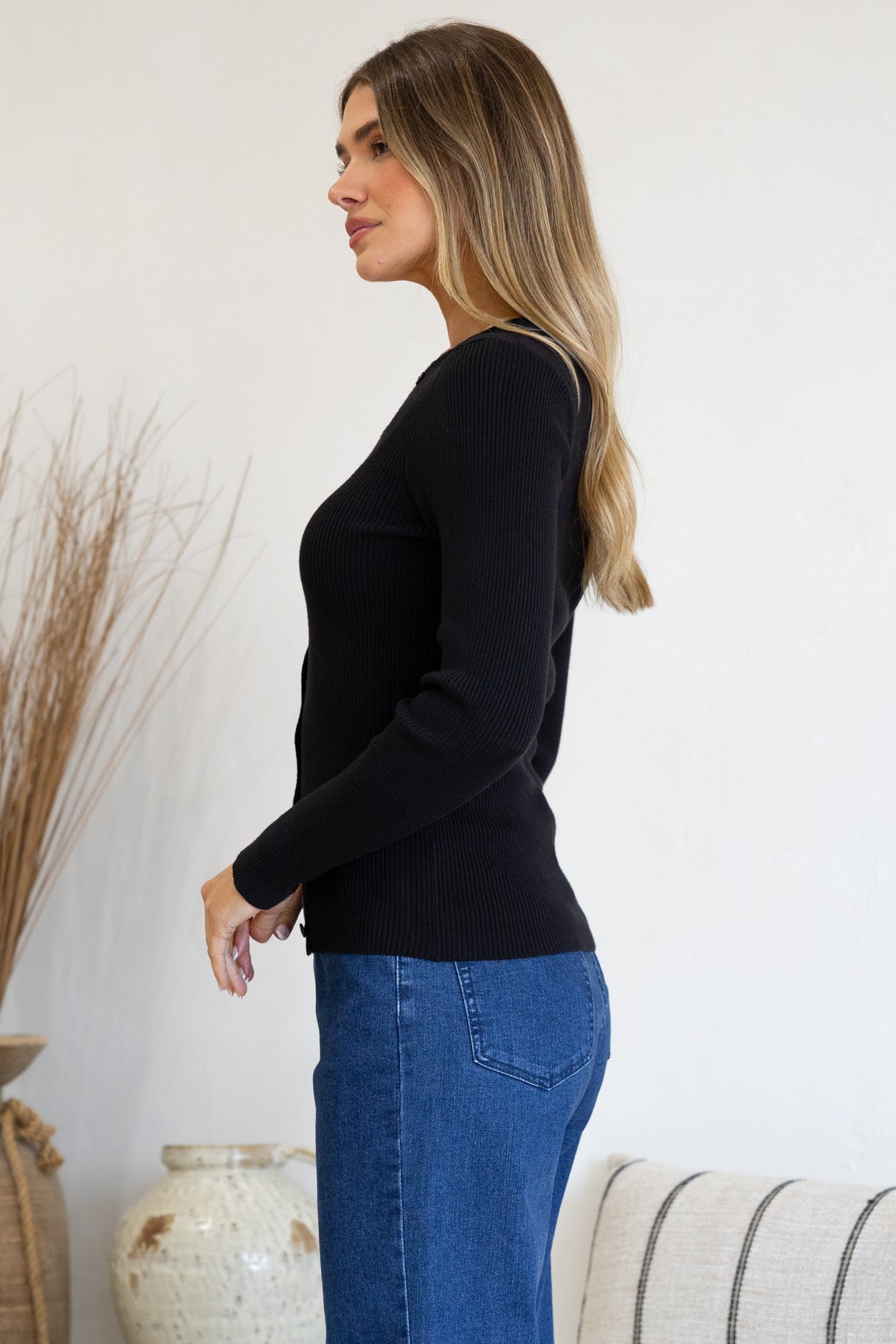 Tori Knit Top - Buttoned Down Long Sleeve Ribbed Knit in Black