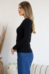 Tori Knit Top - Buttoned Down Long Sleeve Ribbed Knit in Black