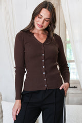 Tori Knit Top - Buttoned Down Long Sleeve Ribbed Knit in Chocolate