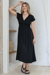 Torin Midi Dress - Gathered and Piping Detailed A-Line Dress with a V-Neckline in Black