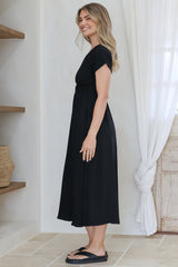 Torin Midi Dress - Gathered and Piping Detailed A-Line Dress with a V-Neckline in Black