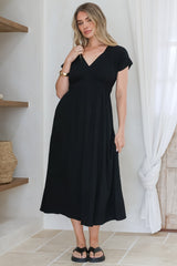 Torin Midi Dress - Gathered and Piping Detailed A-Line Dress with a V-Neckline in Black