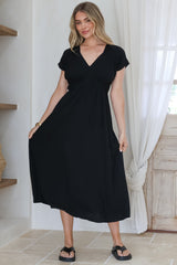 Torin Midi Dress - Gathered and Piping Detailed A-Line Dress with a V-Neckline in Black