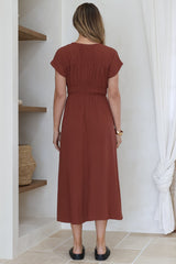 Torin Midi Dress - Gathered and Piping Detailed A-Line Dress with a V-Neckline in Rust