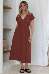 Torin Midi Dress - Gathered and Piping Detailed A-Line Dress with a V-Neckline in Rust
