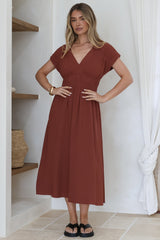 Torin Midi Dress - Gathered and Piping Detailed A-Line Dress with a V-Neckline in Rust