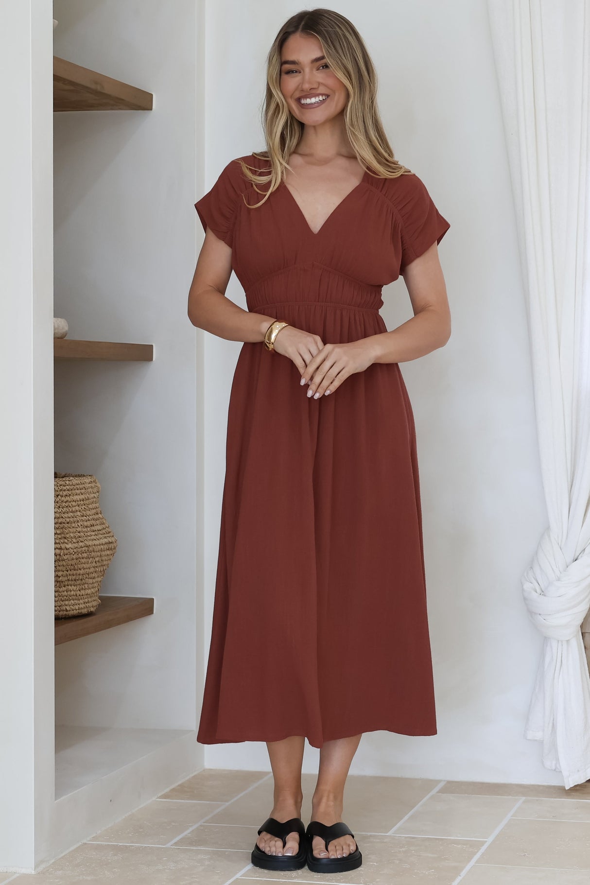 Torin Midi Dress - Gathered and Piping Detailed A-Line Dress with a V-Neckline in Rust