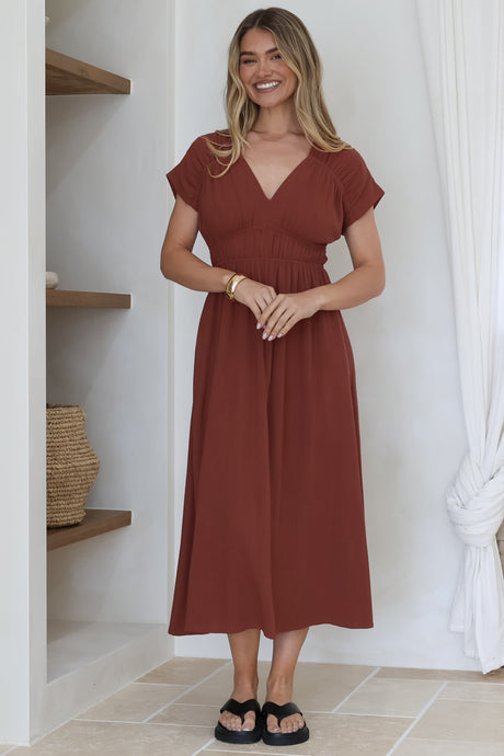 Torin Midi Dress - Gathered and Piping Detailed A-Line Dress with a V-Neckline in Rust