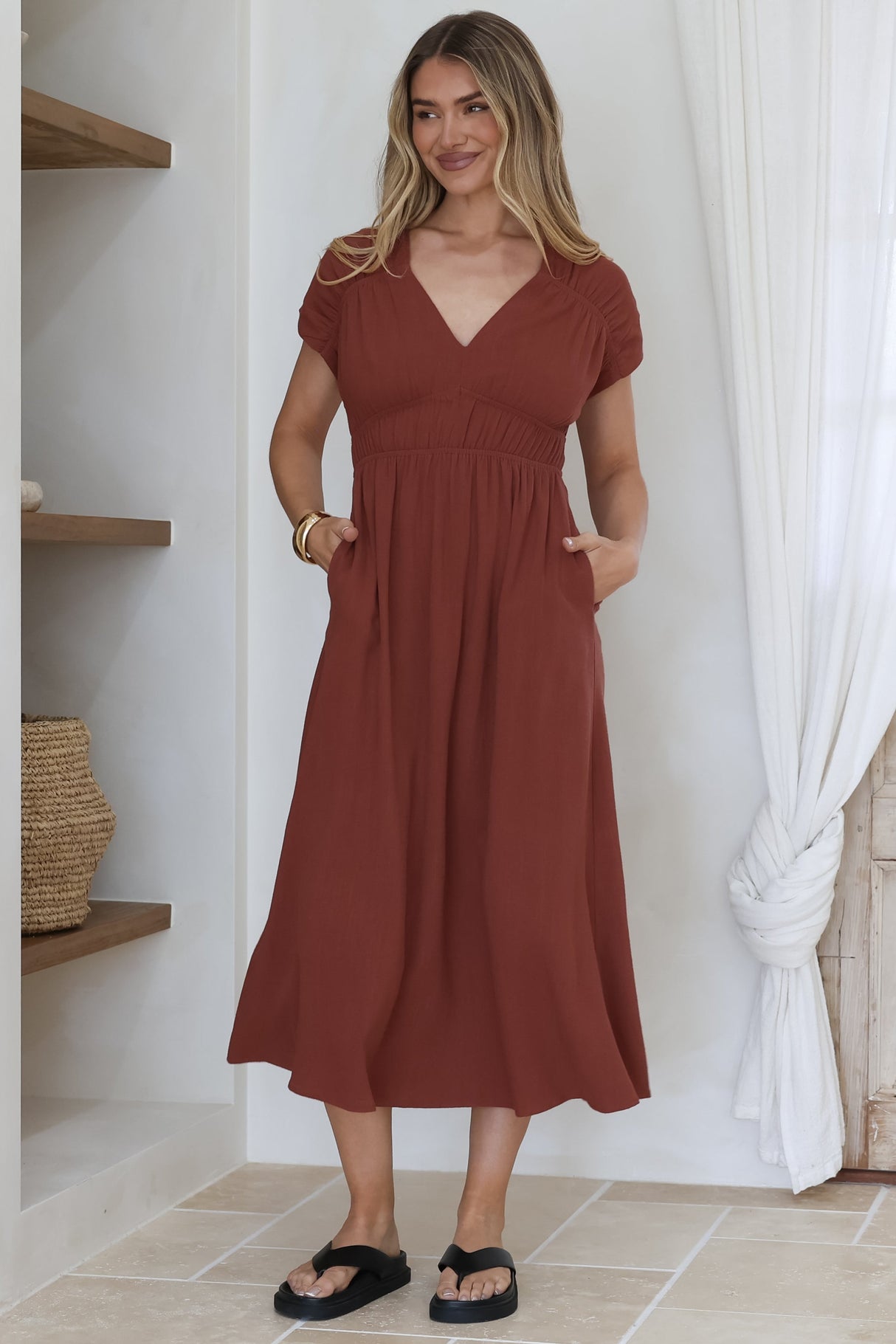 Torin Midi Dress - Gathered and Piping Detailed A-Line Dress with a V-Neckline in Rust