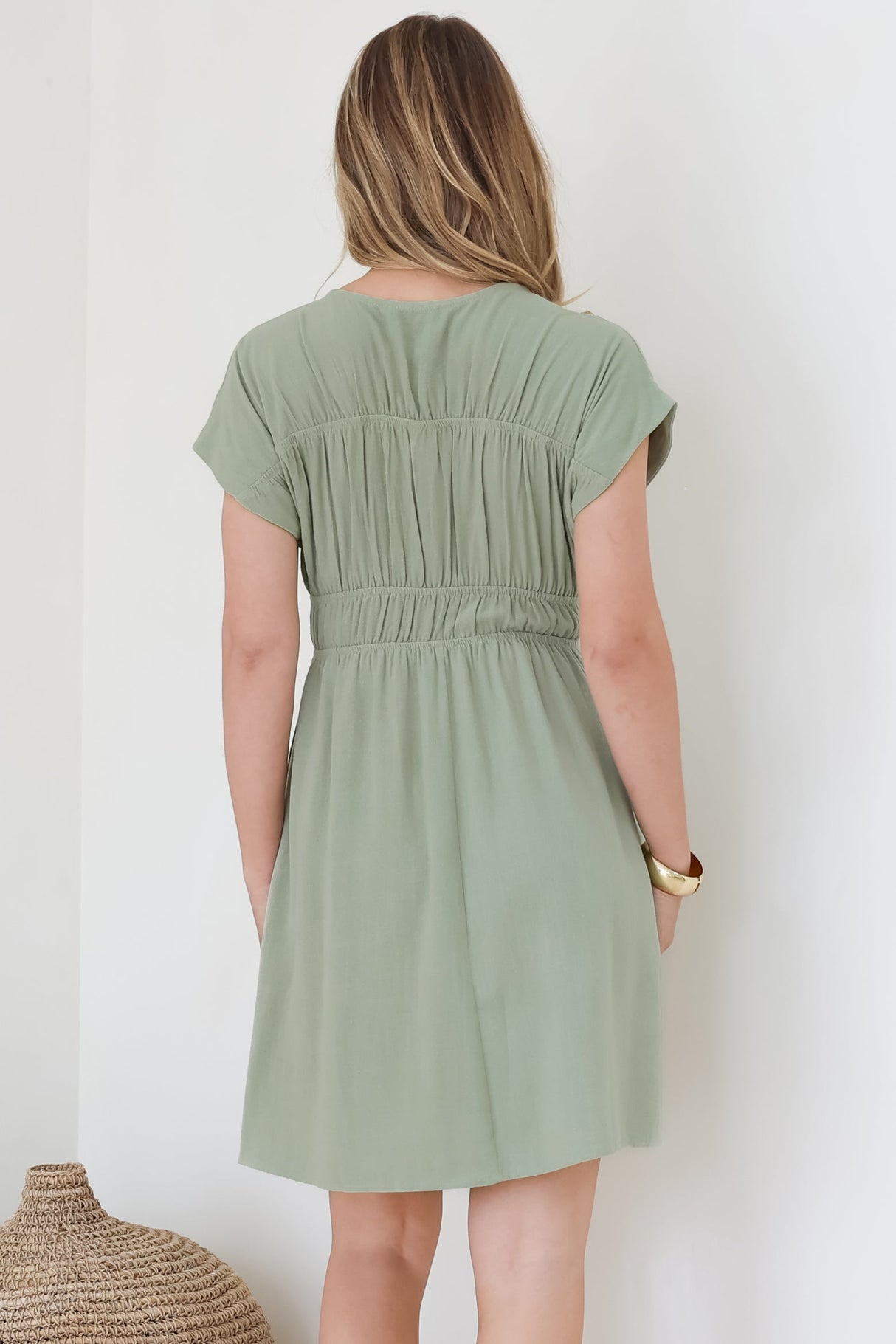 Torin Mini Dress - Flattering V-Neck A-Line Mini with Cinched Waist in Sage