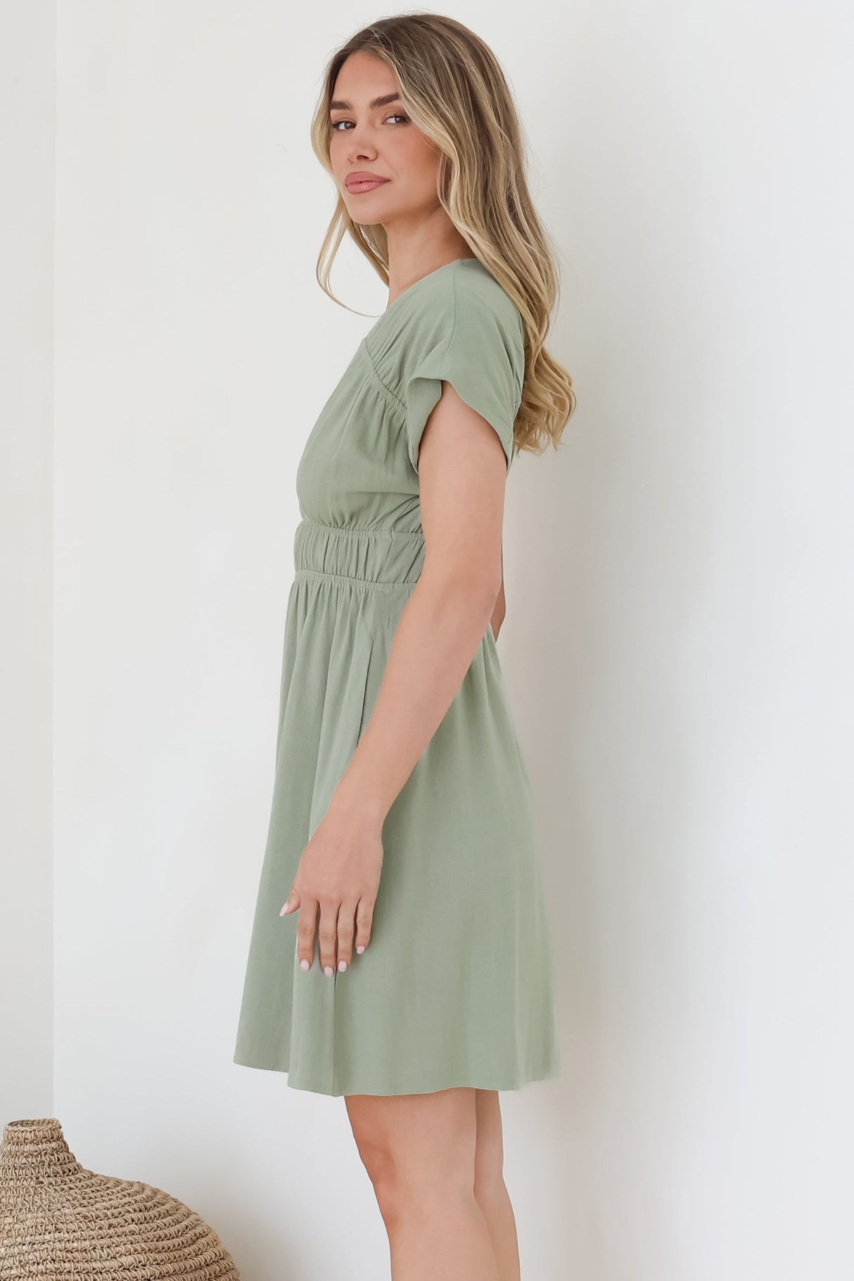 Torin Mini Dress - Flattering V-Neck A-Line Mini with Cinched Waist in Sage