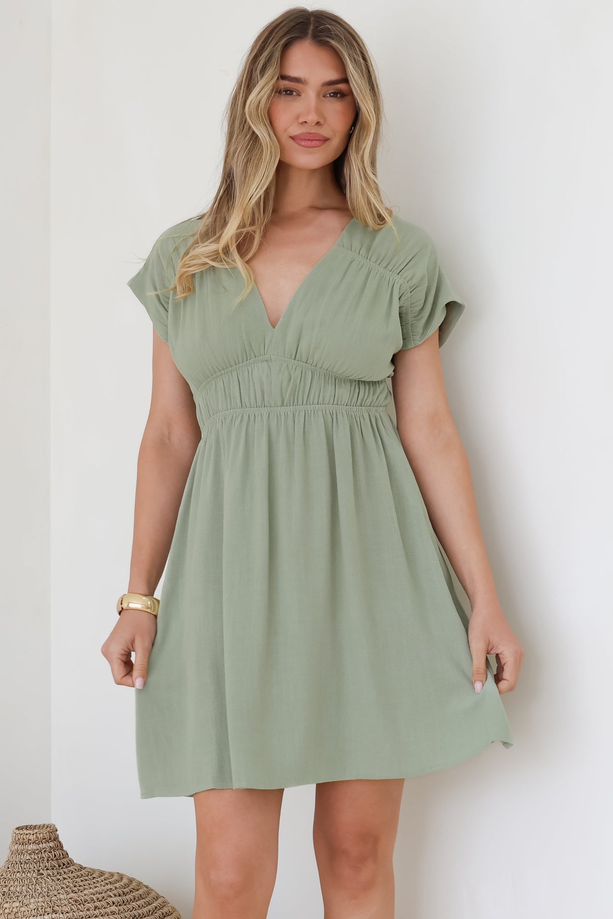 Torin Mini Dress - Flattering V-Neck A-Line Mini with Cinched Waist in Sage