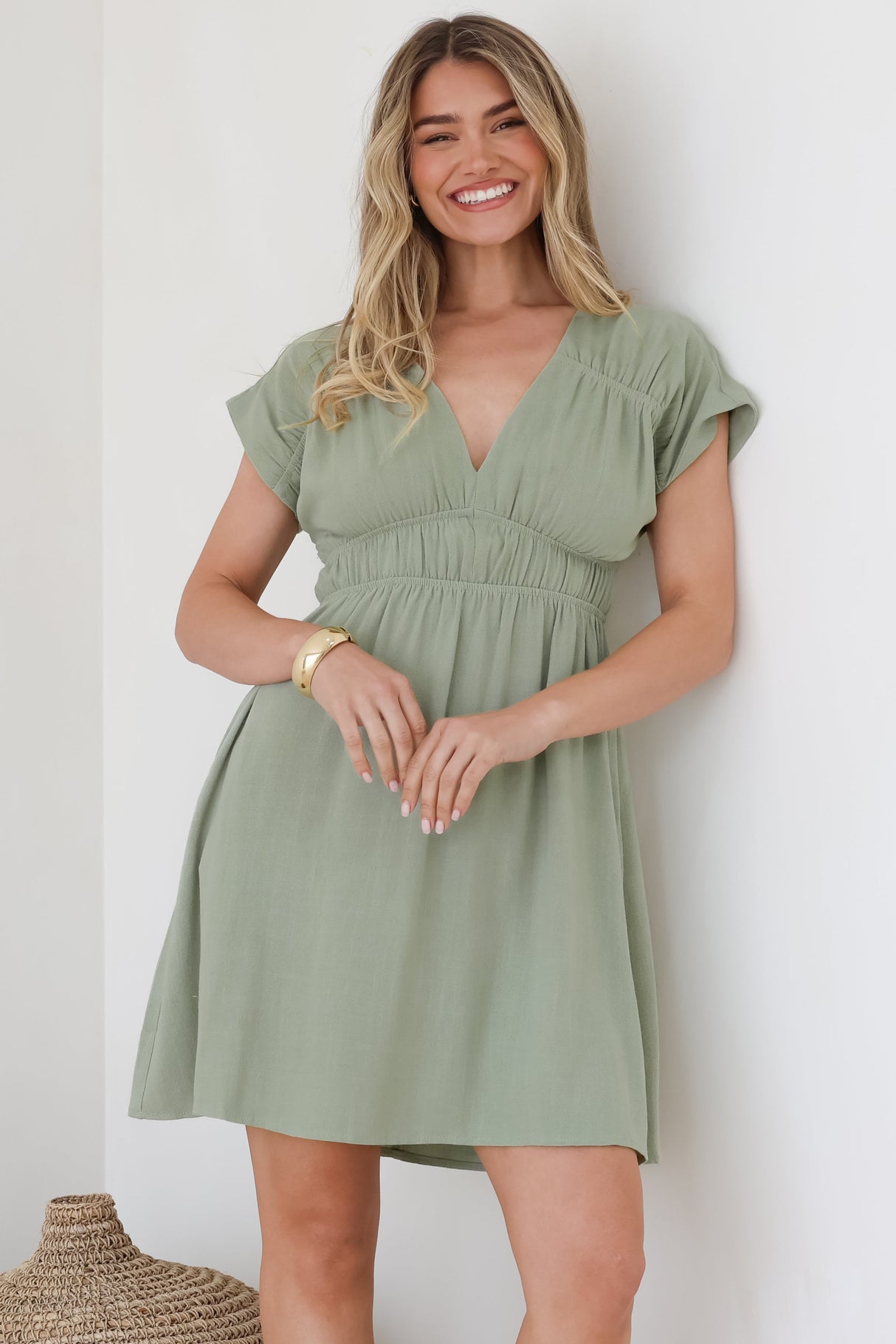 Torin Mini Dress - Flattering V-Neck A-Line Mini with Cinched Waist in Sage