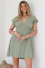 Torin Mini Dress - Flattering V-Neck A-Line Mini with Cinched Waist in Sage