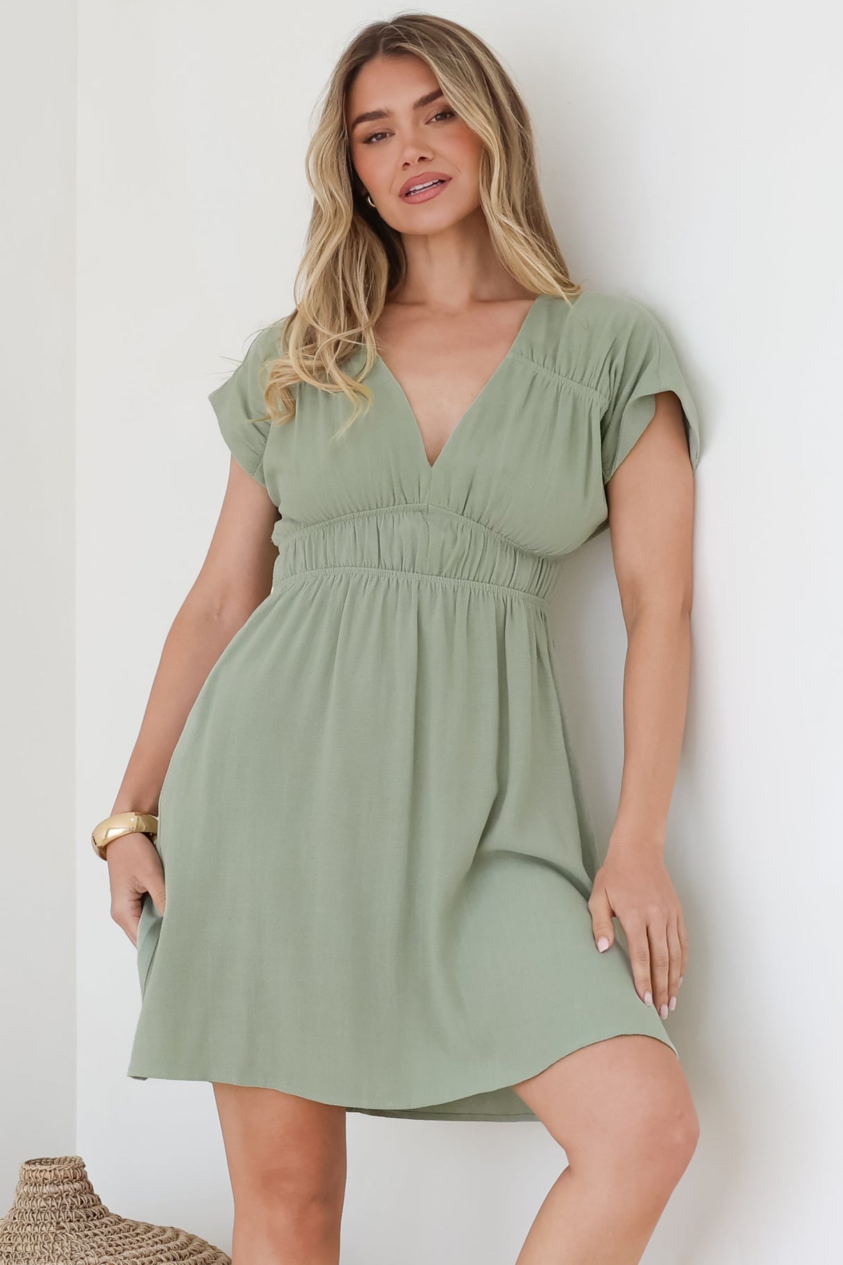 Torin Mini Dress - Flattering V-Neck A-Line Mini with Cinched Waist in Sage