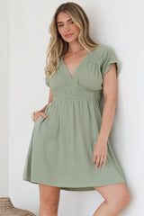 Torin Mini Dress - Flattering V-Neck A-Line Mini with Cinched Waist in Sage