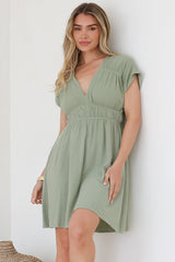 Torin Mini Dress - Flattering V-Neck A-Line Mini with Cinched Waist in Sage
